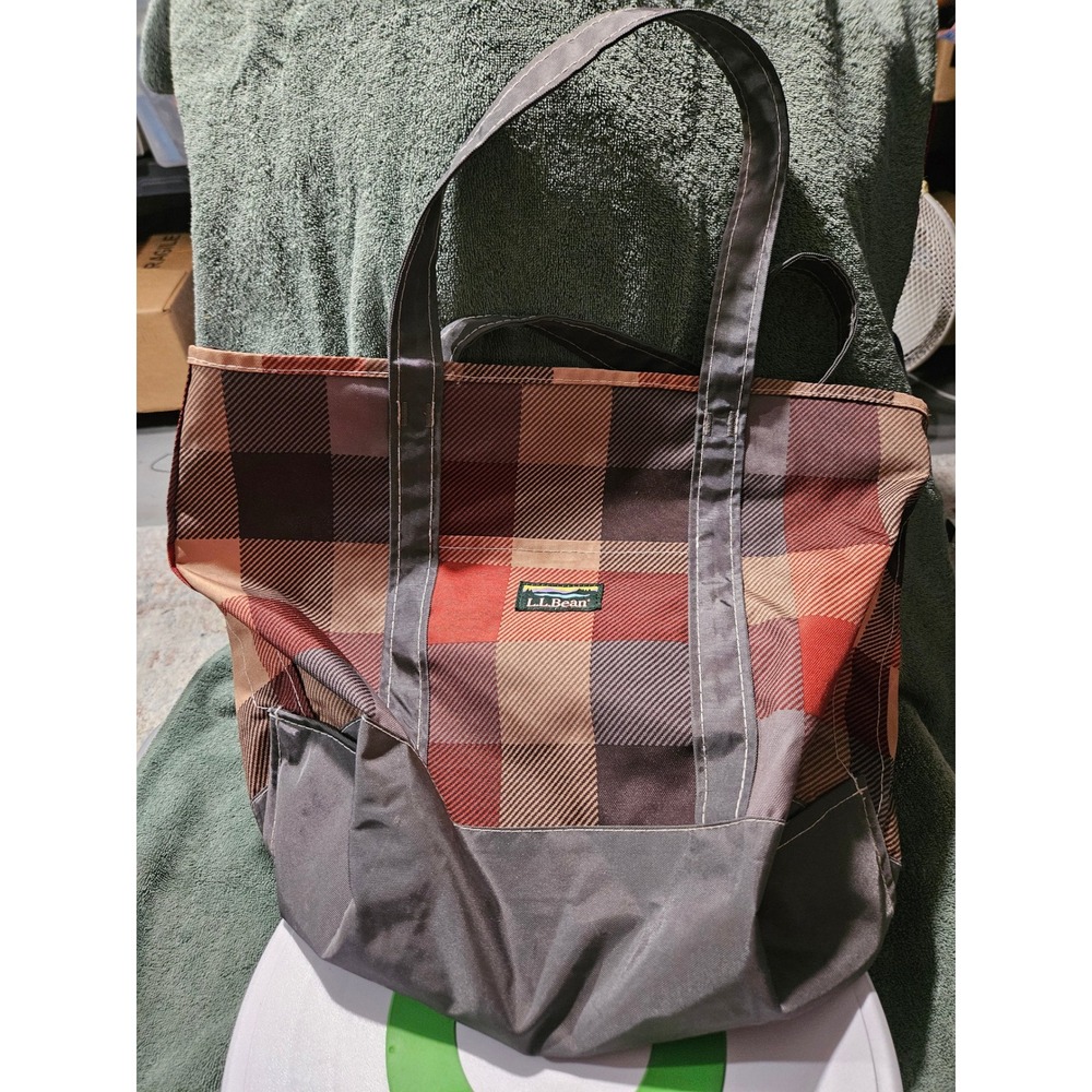 LL Bean Tote Bag Unisex Large Orange Plaid Canvas Rugged Heritage Utility Tote